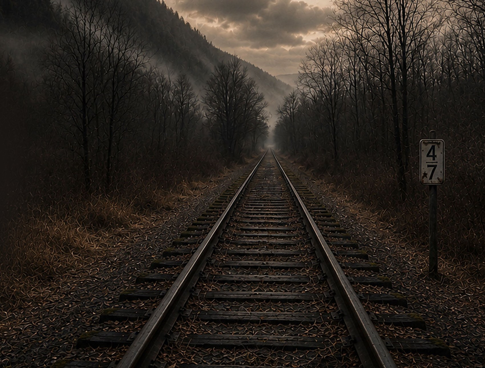 A railroad track running into fog between bare winter trees.
