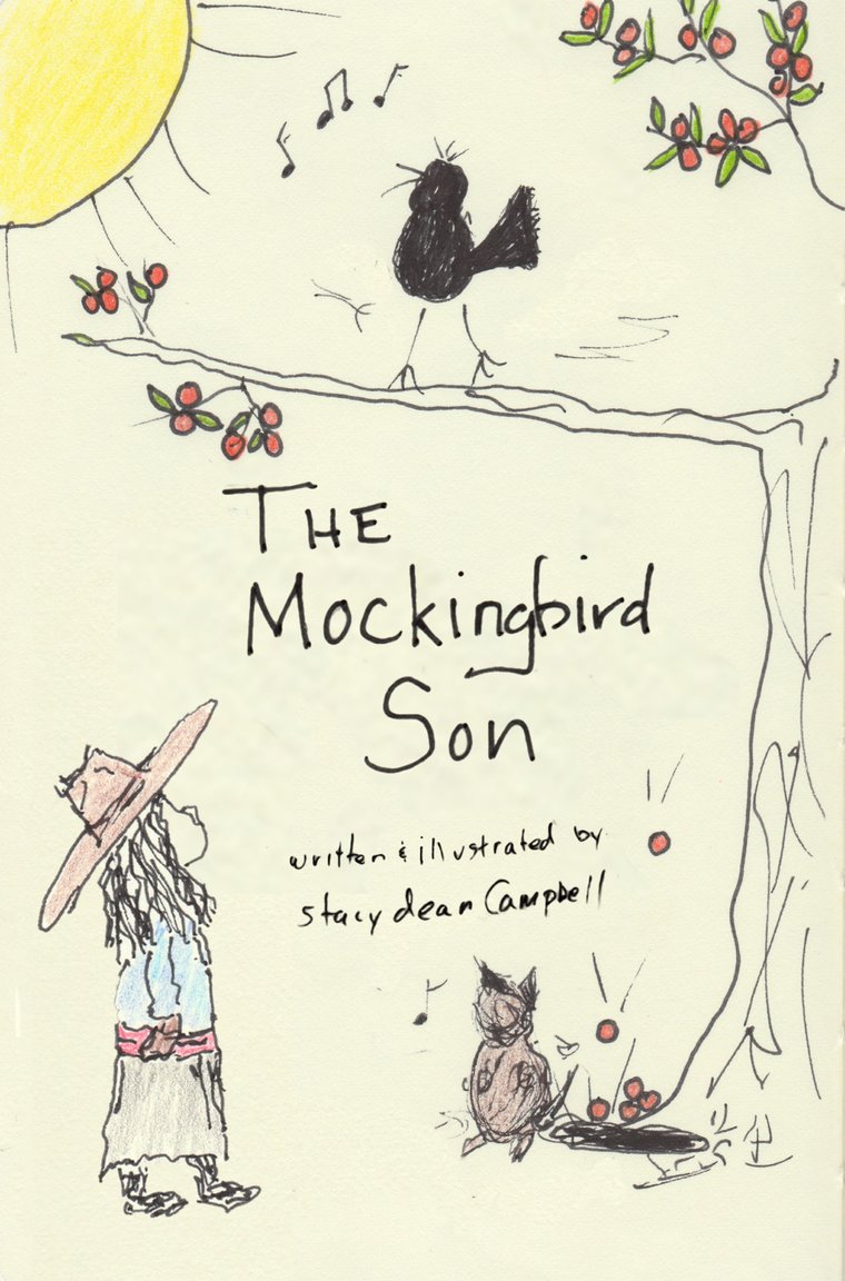 Cover of The Mockingbird Son: a hand-drawn mockingbird singing on a branch above a girl in a wide hat, drawn in ink and coloured pencil.